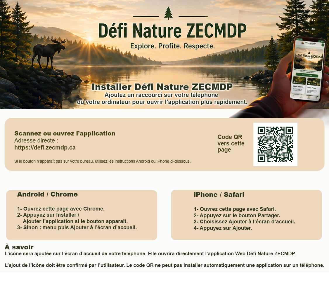 Installer Défi Nature ZECMDP — Ajoutez un raccourci sur votre téléphone pour ouvrir l’application plus rapidement.